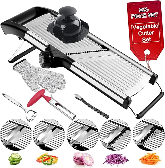 Adjustable Mandoline Food Slicer, Mandoline Slicer for Kitchen, Mandolin, Potato, Tomato, Carrot, Onion Cutter and Fruit - Stainless Steel - 6-Piece Fruit & Vegetable Cutting Set (Silver)