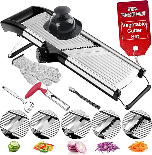 Adjustable Mandoline Food Slicer, Mandoline Slicer for Kitchen, Mandolin, Potato, Tomato, Carrot, Onion Cutter and Fruit - Stainless Steel - 6-Piece Fruit & Vegetable Cutting Set (Silver)