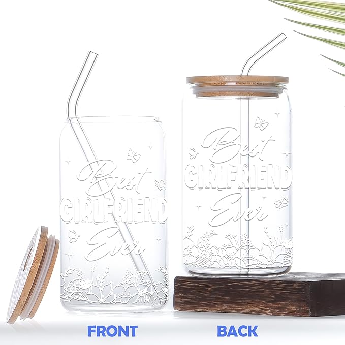 Gifts for Girlfriend 16 Oz Coffee Glass Cup with Lid and Straw & Brush Romantic Love Drinking Glasses Girlfriend Gift for Her Women Lover Valentines Day Anniversary Birthday Christmas
