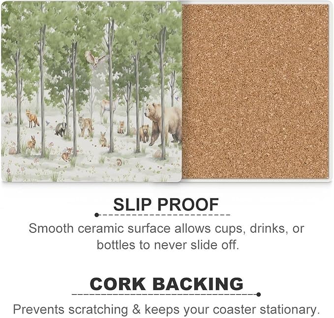 Square-4PCS Forest Ceramic Coasters, Square Absorbent Drink Coasters, Cartoon Forest Nature Animal Bear, Deer, Fox, Rabbit Style Ceramic Table Coasters for Coffee, Beverage, Wine, Beer Coasters