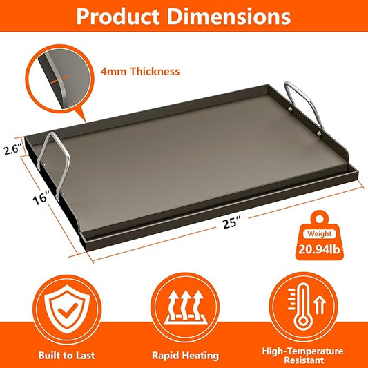 25" x 16" Cast Iron Griddle for Gas Grill, Universal Flat Top with Pre-Seasoned Nonstick Coating, Grease Groove and High Sidewalls, Griddle Plate Insert for Camping, Tailgating and Parties