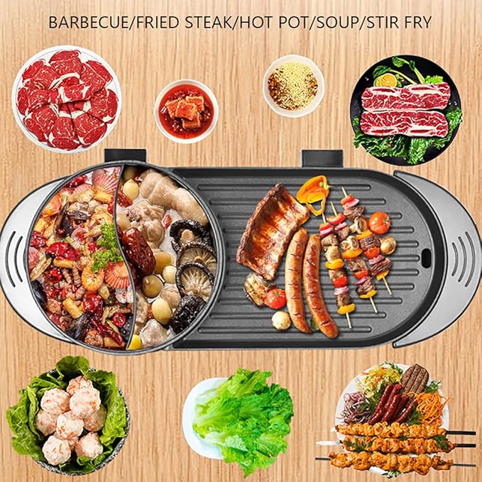 2 in 1 Electric Hot Pot with Grill, 110V 2200W Electric Korean BBQ Grill Indoor & Outdoor Electric Grill & Hot Pot Combo for Family, Party, Separate Temperature Control