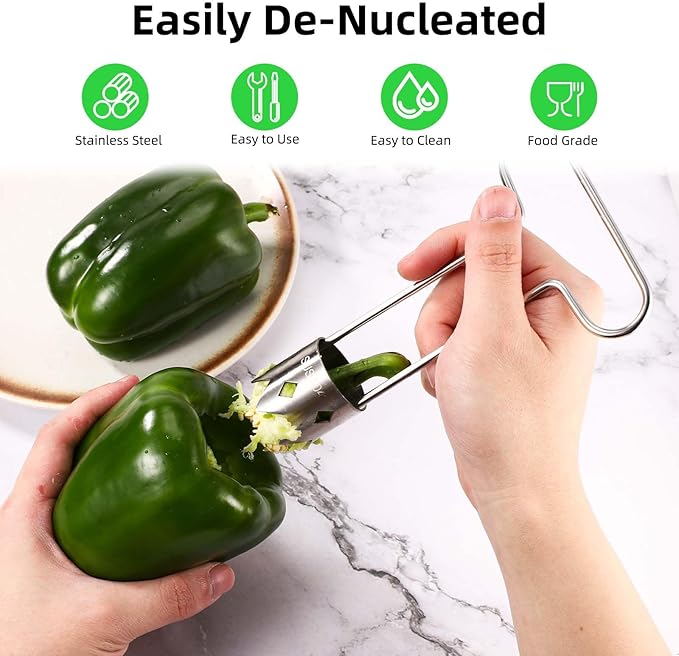 Red Bell Pepper Seed Corer, 6.3x3.74in Stainless Steel Multifunctional Fruit and Vegetable Core Remover with 2pcs Heart-Shaped Hooks Kitchen Gadget for Fruit and Vegetable Deseeding