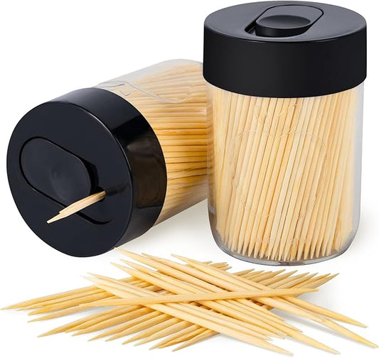 Urbanstrive Sturdy Safe Toothpick Holder with 800 Natural Wood Toothpicks for Teeth Cleaning, Unique Home Design Decoration, Unusual Gift, 2 Pack (Black)