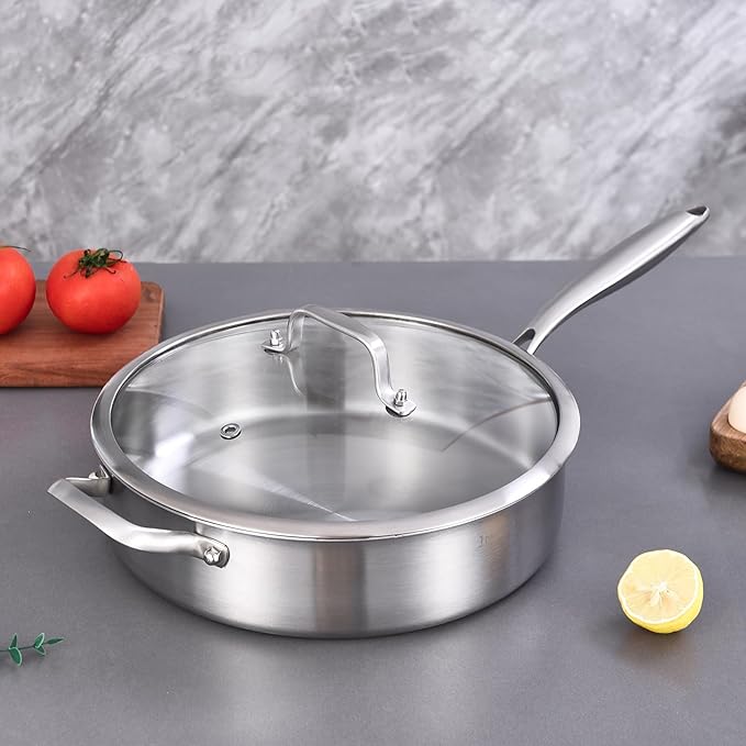 Inqibee 3 Quarts Tri-Ply Stainless Steel Sauté Pan with Lid,10 inch Induction Deep Frying Pan,Large Skillet,Jumbo Cooker,Dishwasher and Oven Safe,Detachable Handle.