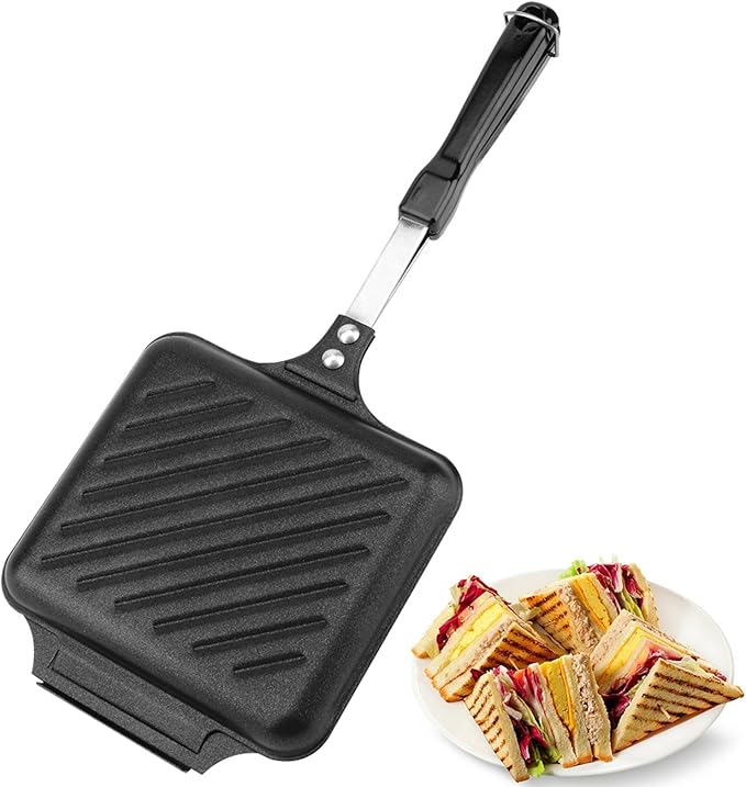 Hot Sandwich Maker, Non-Stick Double Sided Aluminum Flip Panini Maker Pan with Handle, Stovetop Toasted Sandwich Maker Press for Small Bread Pancake, for Home, Kitchen, Breakfast