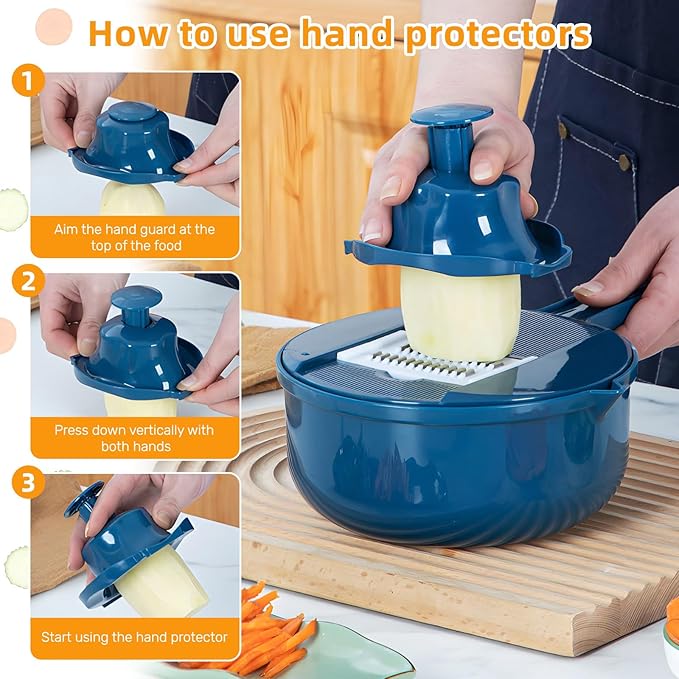 Mandoline Food Slicer, Multifunctional Vegetable Slicer Cutter with Hand Protector, Vegetable Shredder for Potato, Tomato, Carrot (Blue-9 in 1)