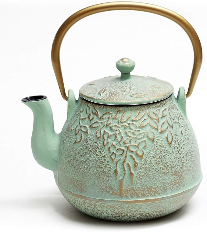Toptier Tea Kettle for Stove Top, Cast Iron Teapot Stovetop Safe with Infusers for Loose Tea, 54 oz, Light Green
