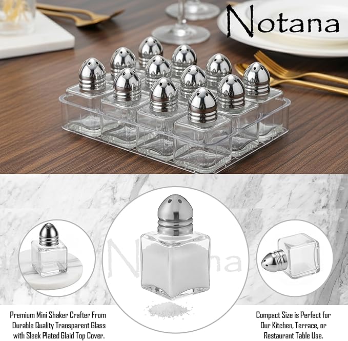 Mini Glass Salt & Pepper Shakers Set with Metal Lids – Durable Clear Glass Cube Design, Easy Refill, Perfect for Restaurant Tables, Kitchen & Events – Compact Refillable Shakers, 12 Pack