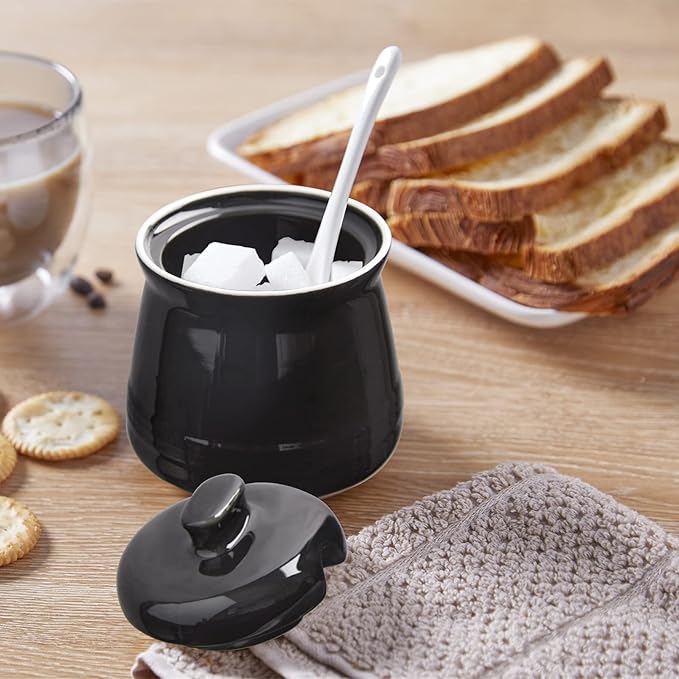 Sugar Bowl with Lid and Spoon, 12 oz Ceramic Sugar Bowl with Spoon, Sugar Container for Coffee Bar, Sugar Jar Sugar Dispenser Bowl, Modern Kitchen Decor, Black
