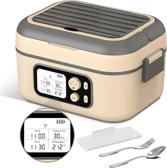 Cordless Electric Heated Lunch Box, 1.5L 6.3Cups 24000mAh Rechargeable Battery Self-Heating Lunch Box, Smart Timer, Even Heating, 100W Portable Food Warmer for Office, Picnic, Car, Outdoor