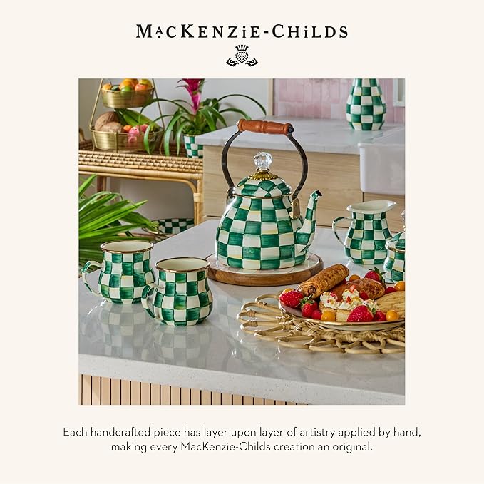 MACKENZIE-CHILDS Enamel Salt and Pepper Shakers, Kitchen Table Spice Shaker Set, Green-and-White Emerald Check, Small