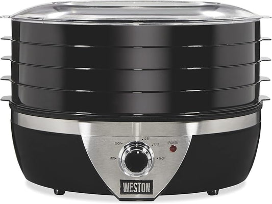 Weston Food Dehydrator Machine for Jerky, Fruit, Meat, Herbs, Vegetables, with Temperature Control (100-160F), 4 Stackable Trays (3 Sq. Ft.), Black & Stainless Steel Accents (75-0640-W)