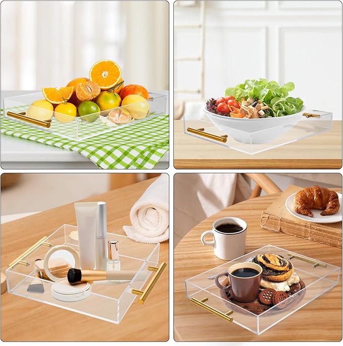 3 Pack Clear Acrylic Serving Tray with Gold Handles, Spill-Proof Acrylic Tray, Decorative Organizer Tray for Coffee Table Countertop Bathroom Vanity Appetizer Breakfast