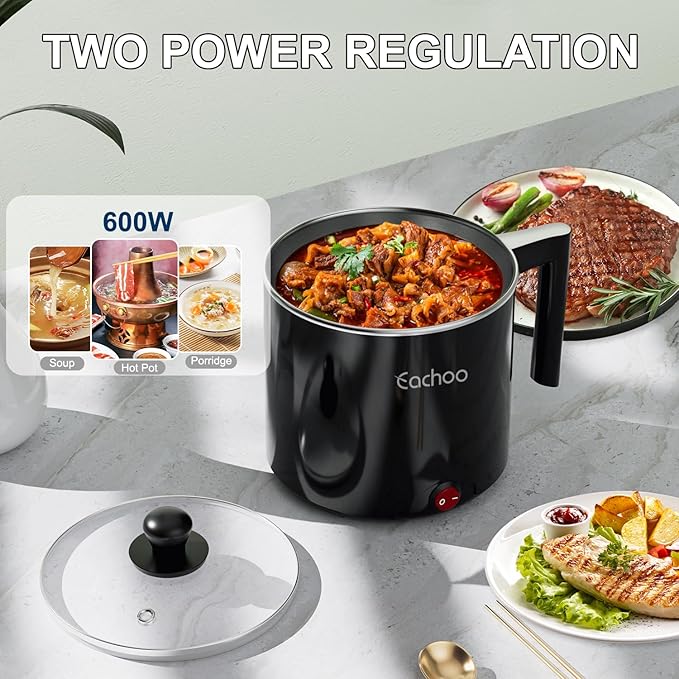Electric Hot Pot - 1L Ramen Cooker, Mini Portable Multi-Functional Lazy Pot for Noodles, Soup, Non-Stick Cooker with Boil Dry Protection for Dorm, Office