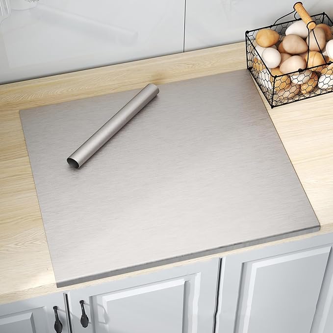 ISXACFF Stainless Steel Cutting Board with Lip 31.5" L X 22.8" W Large Cutting Board Kneading Board Pastry Board Non Stick Thick Board with Rolling Pin for Meat Fruits Vegetables Bread and Baking