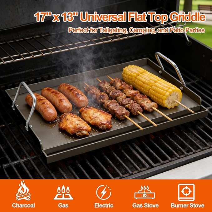 17" x 13" Cast Iron Griddle for Gas Grill, Universal Flat Top with Pre-Seasoned Nonstick Coating, Grease Groove and High Sidewalls, Griddle Plate Insert for Camping, Tailgating and Parties