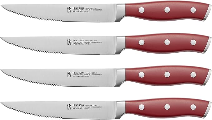 HENCKELS Forged Accent Razor-Sharp Steak Knife Set of 4, Red, German Engineered Knife Informed by over 100 Years of Mastery