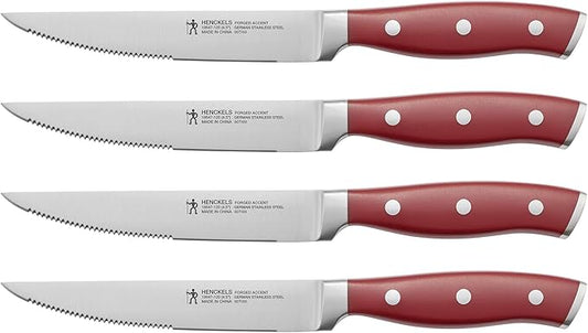 HENCKELS Forged Accent Razor-Sharp Steak Knife Set of 4, Red, German Engineered Knife Informed by over 100 Years of Mastery
