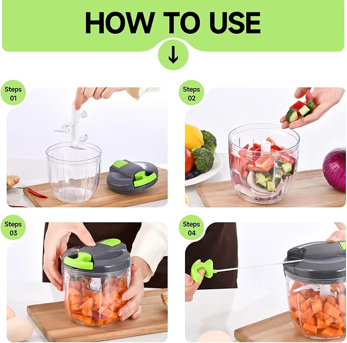 Ziweaye Manual Food Processor Vegetable Chopper, Portable Hand Pull String Garlic Mincer Onion Cutter for Veggies, Ginger, Fruits, Nuts, Herbs, etc., （900ml,Gray-green）