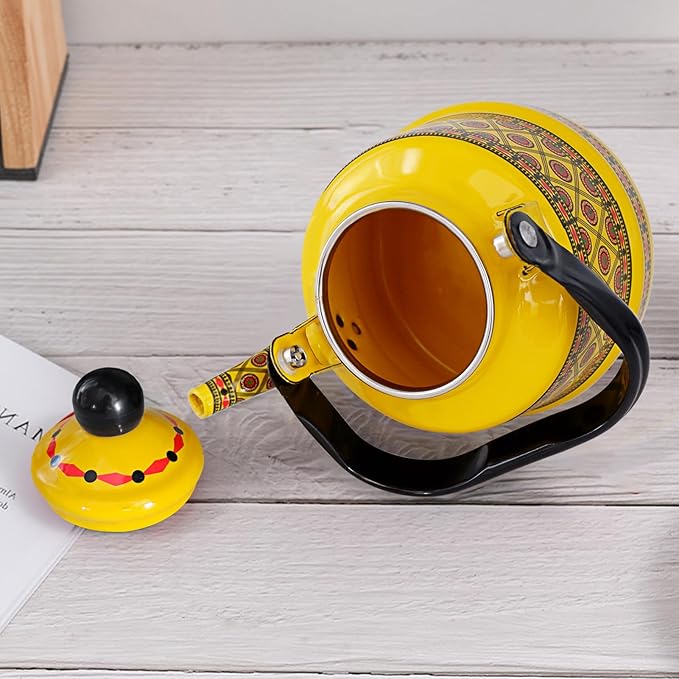 1.1L Arab style Vintage Tea Kettle,Enamel Tea Kettle with Handle,Enameled Teapot Stovetop,Hot Water Kettle for Home Kitchen Decor, No Whistling (Yellow)