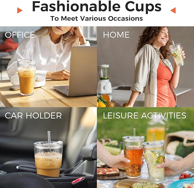 2PCS 20oz Glass Cups with Lids and Straws, Iced Coffee Cups with Lids, Stylish Ribbed Thick Drinking Glasses Tumbler for Juice, Smoothies, Cold Beverages, Cute Cup Gifts with Clean Brush