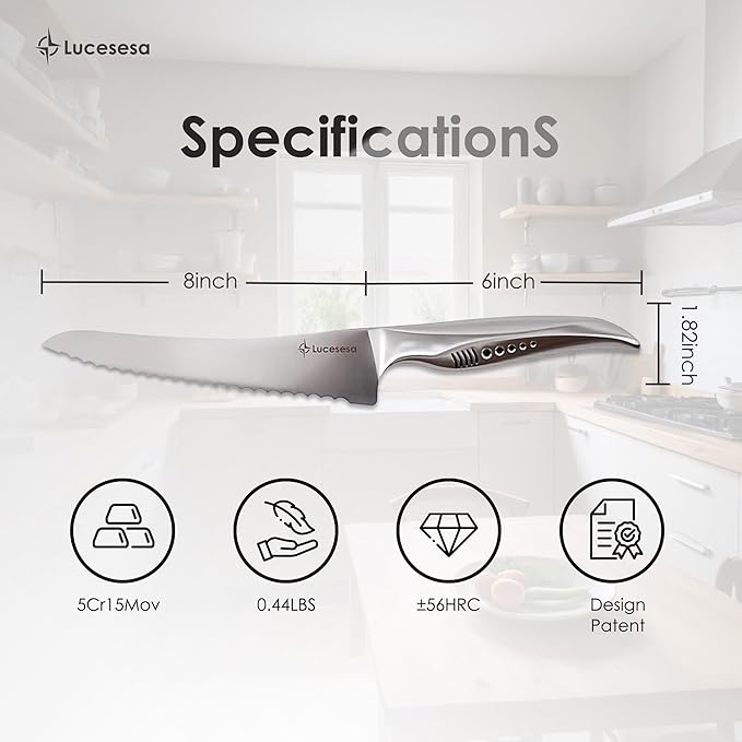 8" Bread Knife, Multifunction Serrated Bread Knife Ultra Sharp Offset, Steel Handle Shark-Inspired Ergonomic Stainless for Homemade Bread, Bagels, Sourdough, Baking & Wedding Gifts