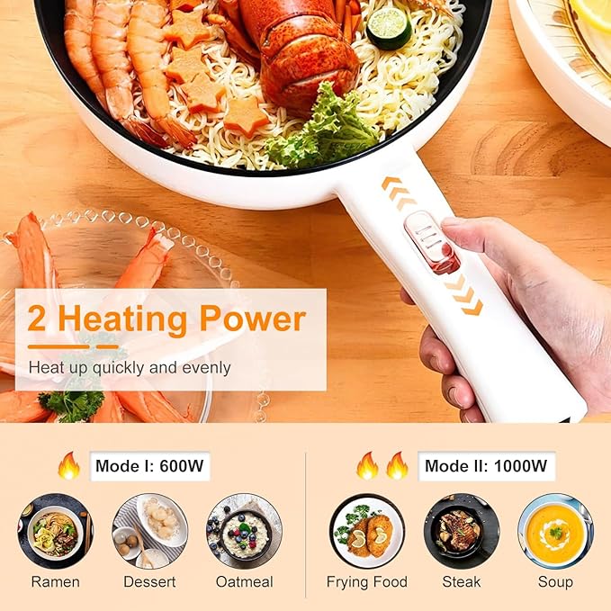 iMounTEK Electric Hot Pot Non-Stick Frying Pan Portable Rapid Noodles Cooker with Long Handle Steamer Spatula Dual Power Control Overheat Dry-Boil Protection for College Dorm Room Essential for Party