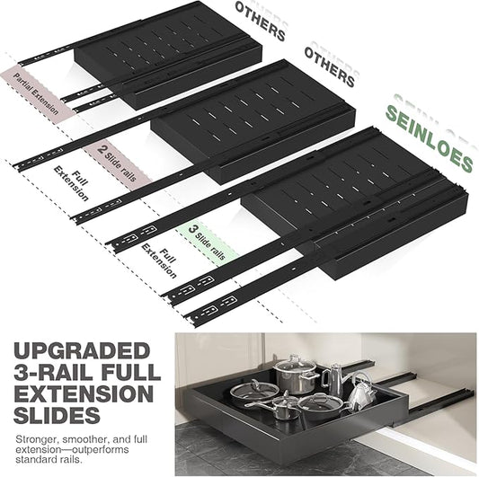 2 Pack Pull Out Cabinet Organizer 22" Deep,Full Extension 3 Slide Rails Slide Out Drawers With Raising Pad for Framed Cabinets,Expandable Width (12.3"-20.5"),No Drill Roll Out shelf,Black