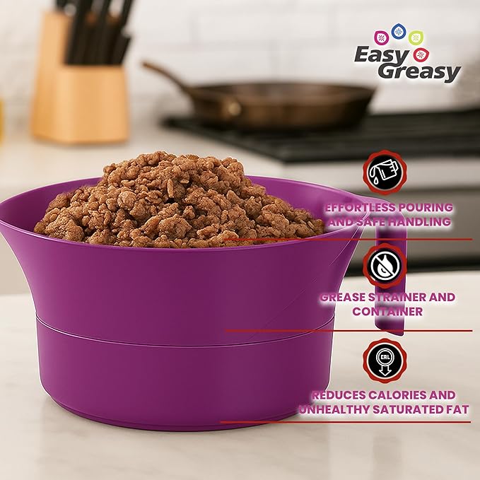 Colander Grease Strainer With Handle And Container, Catch Bowl With Lid 3 Piece Strain Set | Strains Ground Beef, Bacon & Pasta | Safe Kitchen Gadget BPA Free | Made In The USA (Purple)