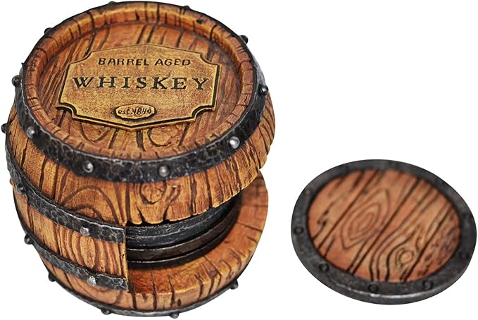 Pine Ridge Whiskey Bourbon Barrel Coaster Set - 5 Rustic Pieces for Bar Decorations for Home, Coasters for Men, Ideal Bar Coasters for Whiskey and Bourbon Drinkers, Man Cave Essentials