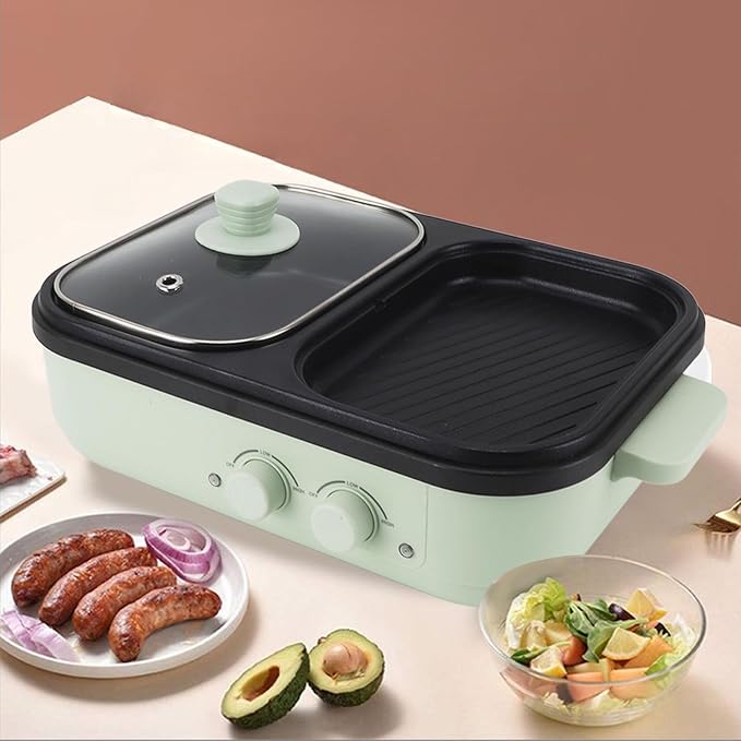Topyond 1300W Electric Hot Pot with Divider, Non Stick Dual Sides Cooking Pot, Indoor Outdoor Use, Green, Shabu Shabu Pot, Hot Pot Cooker