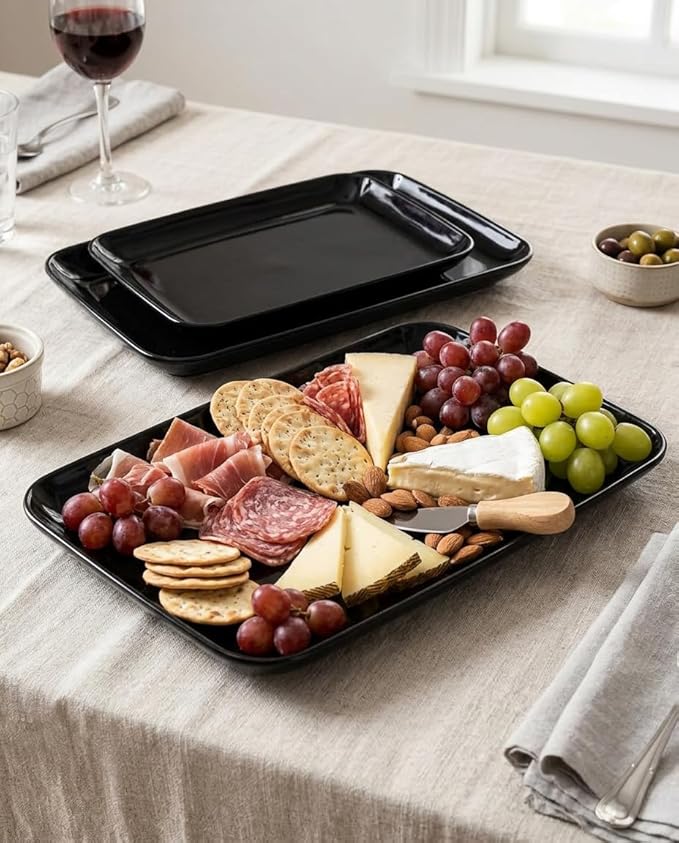 DELLING Large Serving Platter, 16/14/12inch Black Serving Tray Set- Rectangular Serving Platters for Party, Entertaining, Turkey Platter for Thanksgiving, Christmas, Microwave Dishwasher Oven Safe