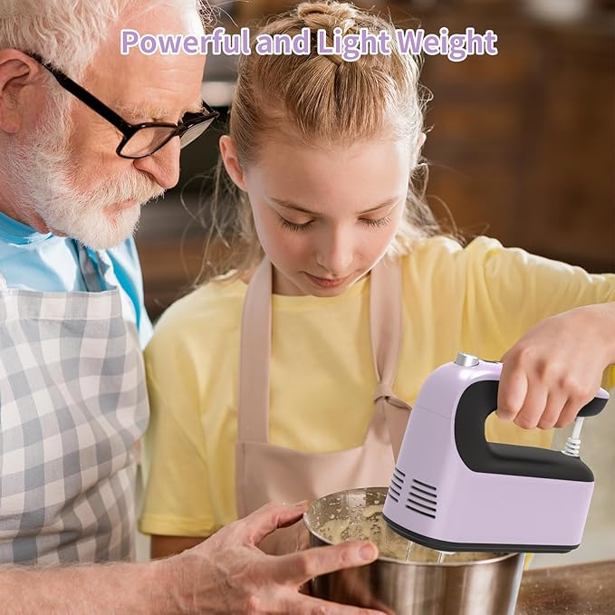 Yomelo 9-Speed Digital Hand Mixer Electric, 400W Powerful DC Motor, Hand Mixer Electric Handheld with Snap-On Storage Case, 5 Stainless Steel Accessories, Beaters, Dough Hooks, Whisk(Purple/Black)