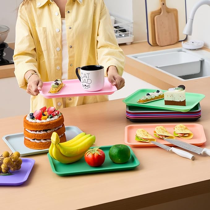 Mumufy Plastic Fast Food Trays Bulk Colorful Restaurant Serving Trays Cafeteria Rectangular Plastic Serving Platter Grill for Kitchen Restaurant Coffee(Classic Color,12 Pcs)