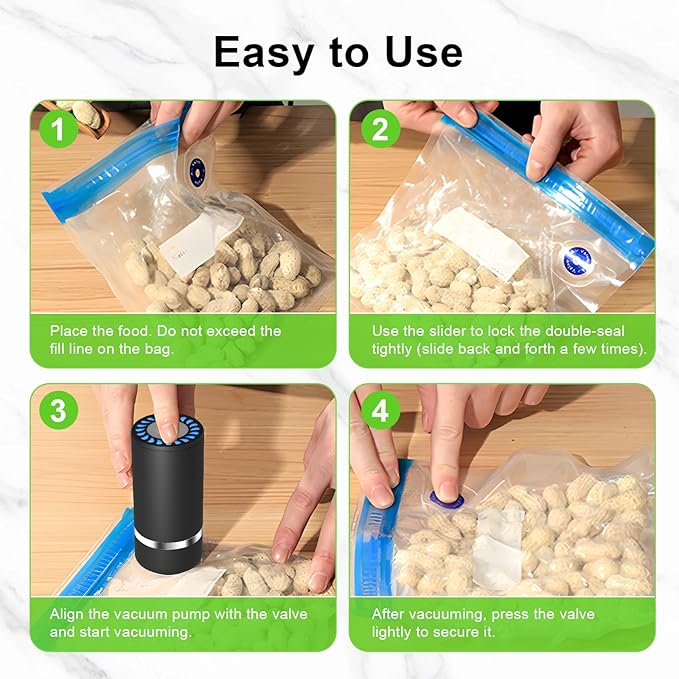 Handheld Vacuum Sealer for Food,Mason Jar Vacuum Sealer + 4Wine Vacuum Stopper +10 Reusable Vacuum Bags,Mini Small Vacuum Sealer Bags for Home,Kitchen,Travel,Fridge Meal Prep,Camping - Black