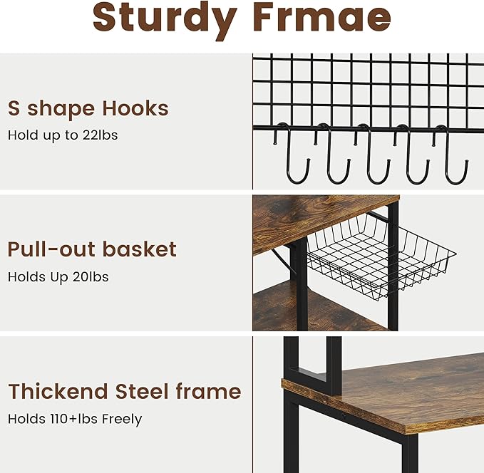 7-Tier Mini Fridge Stand with Storage, Microwave Storage Shelf with Power Outlet, Bakers Rack Stand, All in one Shelf for Dorm Kitchen Coffee Bar, Vintage Brown