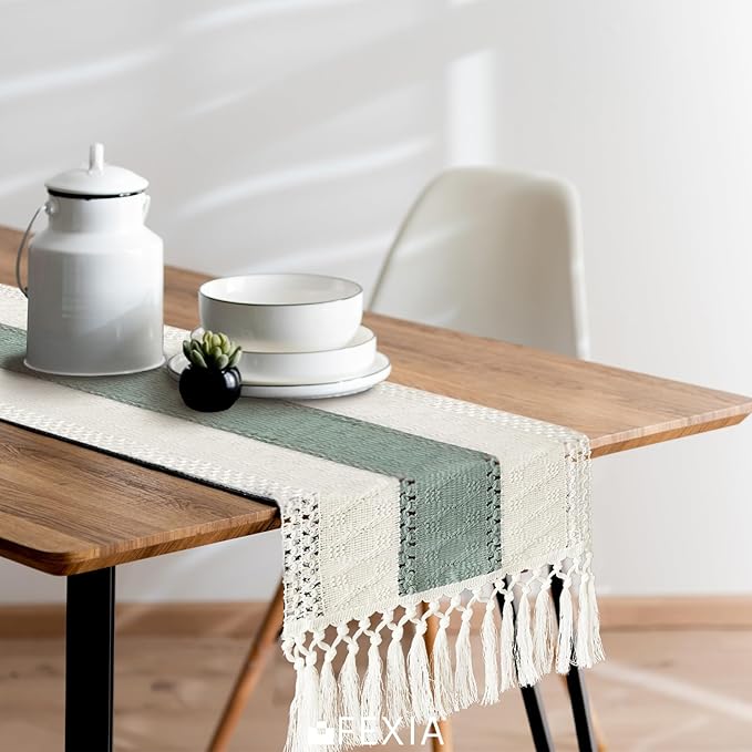 FEXIA Sage Green Table Runner 72 Inches Long with Tassels Boho for Easter Decor Macrame Farmhouse Table Runners for Home Decor Party Bohemian Rustic Bridal Shower Dining Decorations(12x72 Inches)