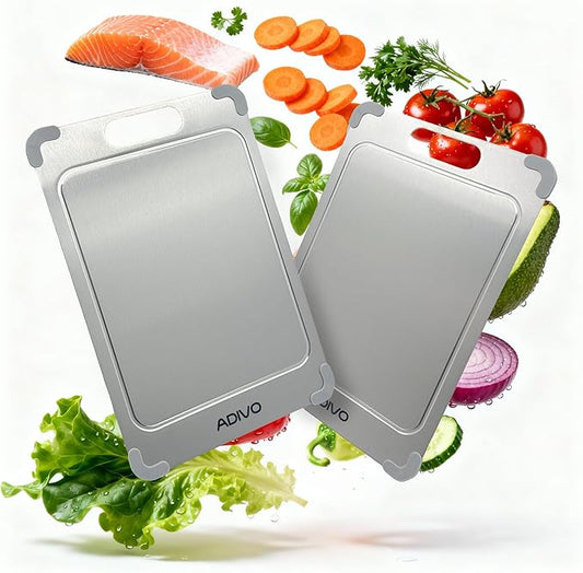 Adivo 100% Pure Titanium Cutting Board for Kitchen, Double-Sided Titanium Cutting Board with Juice Groove, Easy to Clean Metal Chopping Board for Meat Vegetables Fruit, Dishwasher Safe (15.3x11) Large
