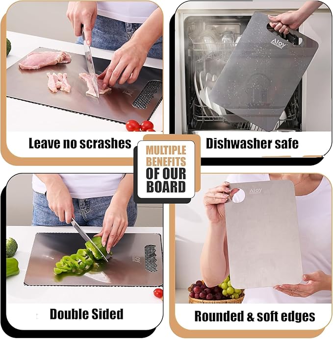 100% The Premium SUS 316 L Stainless Steel Cutting Board Set, 2 PCS + Non-Slip Mat, Double Sided Food Grade SUS 316L Cutting Boards for chopping Meat.., Hygiene Durable Dishwasher Safe Chopping Board