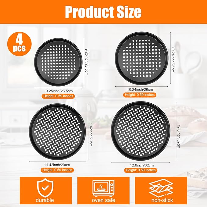 Afarnook 4 Pcs Pizza Baking Pan Round Non-Stick Tray Pizza Pan 9/10/11/12 Inches Round Dark Grey Tray with Holes Suitable for Baking Oven Electric Oven
