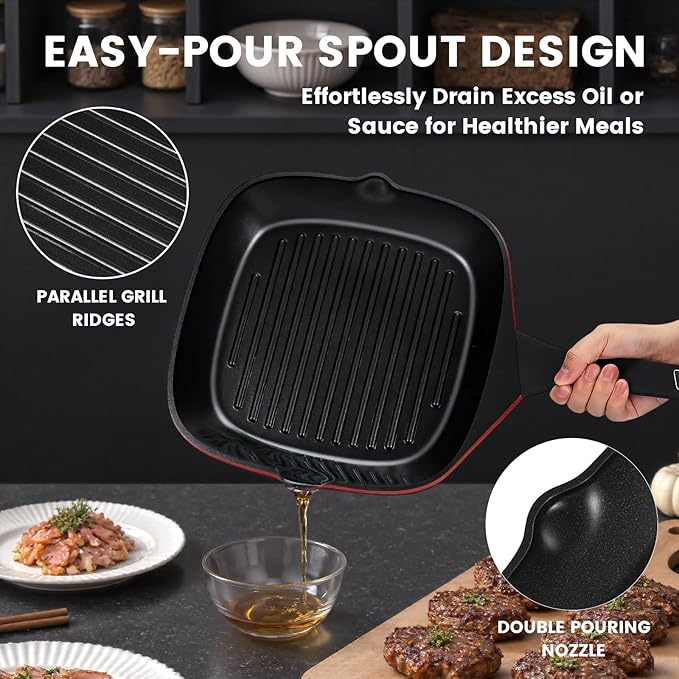 EvoFar 11 Inch Nonstick Grill Pan, Square Large Grilling Skillet Steak Pan for Stove Tops, Granite Coating Grill Skillet with Pour Spouts, PTFE & PFOA Free, Durable Grilling Pan for Indoor & Outdoor