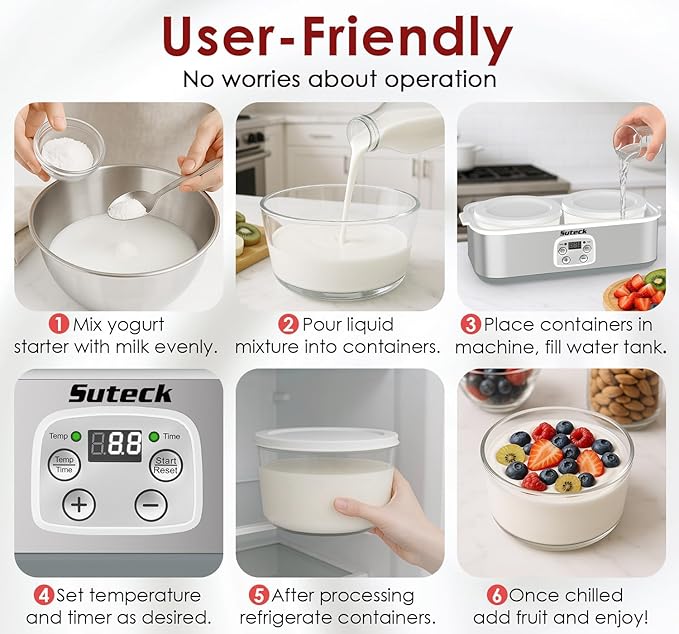 Suteck Yogurt Maker - Stainless Steel Yogurt Makers with Adjustable Time & Temp Control，Automatic Shut-Off & Constant Temper for Homemade Greek, Probiotic Yogurt, BPA-Free 2 Yogurt Bowls (2 Quart)
