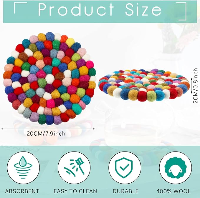 2 Pieces Felt Ball Trivet Round Felt Ball Coasters Handmade Trivet Multi Color Pot Mat Colorful Hot Plate Holder Heat Resistant Pot Holder for Table Desk Kitchen Decor Accessories