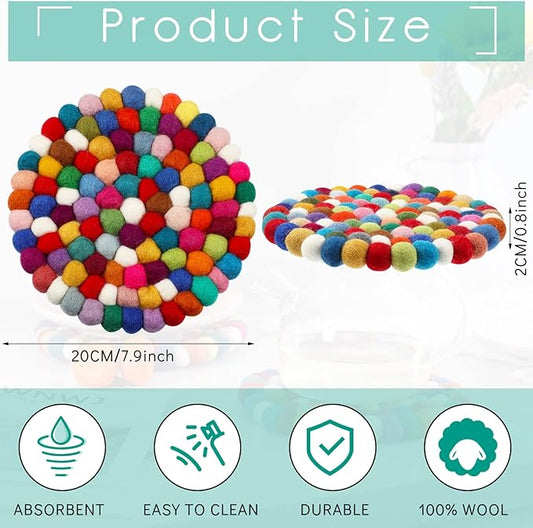 2 Pieces Felt Ball Trivet Round Felt Ball Coasters Handmade Trivet Multi Color Pot Mat Colorful Hot Plate Holder Heat Resistant Pot Holder for Table Desk Kitchen Decor Accessories
