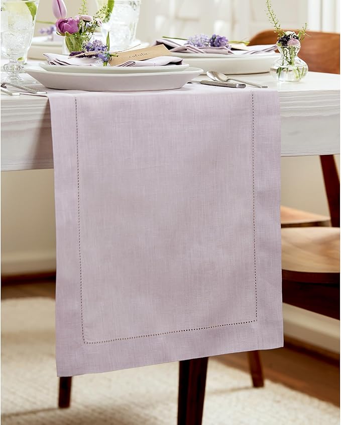 Solino Home Linen Lilac Table Runner 108 Inches Long - 100% Pure Linen 14 x 108 Inch Table Runner for Valentines, Spring, Easter - Classic Hemstitch