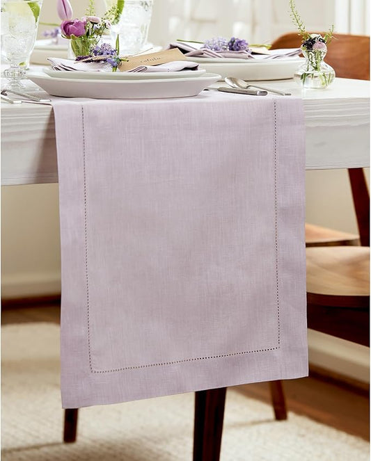 Solino Home Linen Lilac Table Runner 108 Inches Long - 100% Pure Linen 14 x 108 Inch Table Runner for Valentines, Spring, Easter - Classic Hemstitch