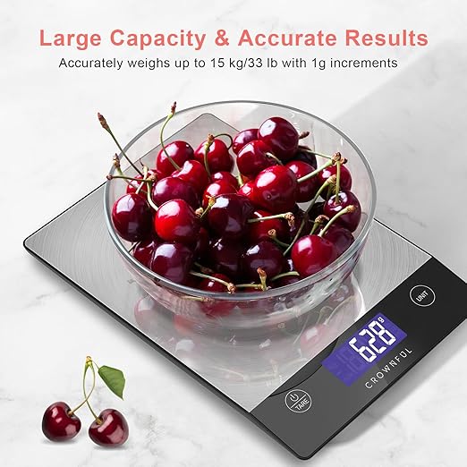 CROWNFUL Food Scale, 33lb Rechargeable 304 Stainless Steel Digital Kitchen Scale Weight Grams and Ounces with LCD Display and Type-C Charging for Meal Prep, Baking and Cooking