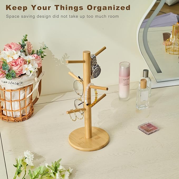 Bamboo Mug Tree for Counter, 6 Hooks Detachable Coffee Mug Holder, Decorative Mug Racks for Coffee Bar