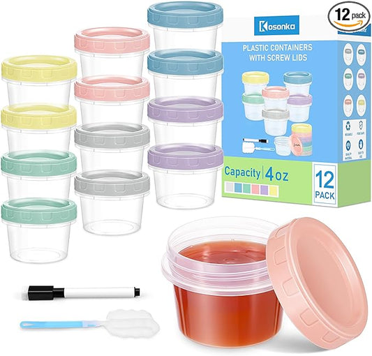 12 Piece 4 oz Plastic Food Storage Containers with Lids, Reusable Freezer Storage Containers, Small Meal Prep Containers with Pen and Brush, BPA-Free, Screw Top, Microwave & Dishwasher Safe